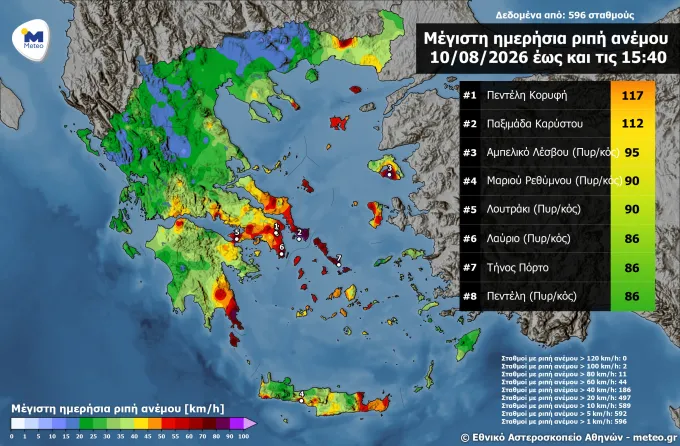  Άνεμοι πάνω από 100 χλμ./ώρα σε Αττική και Εύβοια