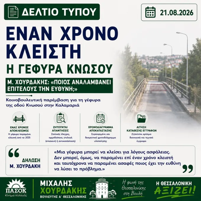 Ερώτηση από τον βουλευτή Θεσσαλονίκης Μιχάλη Χουρδάκη για την γέφυρα στον Φοίνικα